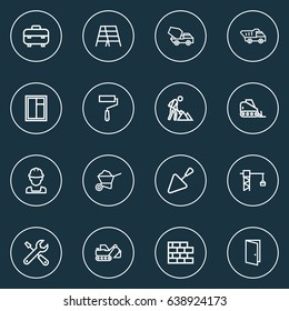 Architecture Outline Icons Set. Collection Of Tipper, Trowel, Brickwork And Other Elements. Also Includes Symbols Such As Worker, Glass, Repair.