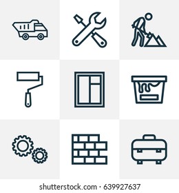 Architecture Outline Icons Set. Collection Of Tools, Brickwork, Tipper And Other Elements. Also Includes Symbols Such As Truck, Service, Brickwork.