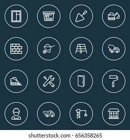 Architecture Outline Icons Set. Collection Of Door, Wheelbarrow, Excavator And Other Elements. Also Includes Symbols Such As Cart, Service, Wheelbarrow.