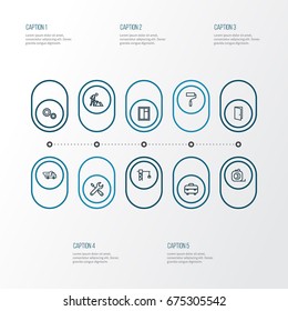 Architecture Outline Icons Set. Collection Of Construction Works, Tools, Door And Other Elements. Also Includes Symbols Such As Works, Window, Cogwheel.