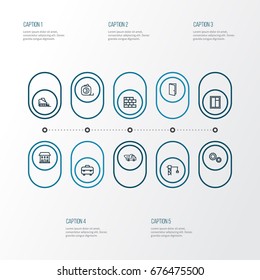 Architecture Outline Icons Set. Collection Of Tower Crane, Gear, Toolbox And Other Elements. Also Includes Symbols Such As Brick, Tipper, Brickwork.