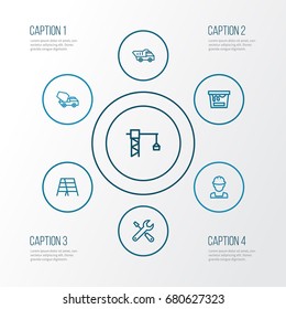 Architecture Outline Icons Set. Collection Of Tools, Builder, Concrete Mixer And Other Elements. Also Includes Symbols Such As Truck, Ladder, Hook.