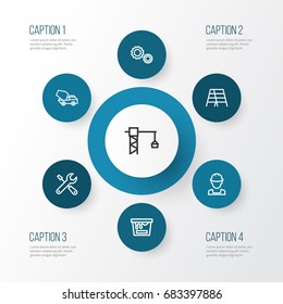 Architecture Outline Icons Set. Collection Of Color Can, Stepladder, Concrete Mixer And Other Elements. Also Includes Symbols Such As Mixer, Stair, Builder.