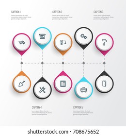 Architecture Outline Icons Set. Collection Of Tipper, Color Can, Gear And Other Elements. Also Includes Symbols Such As Roller, Tools, Door.