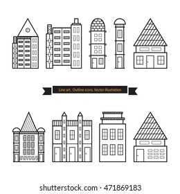 Architecture outline icons, Set of Flat Style Line Art Vector Illustrations for Countryside Houses, Real estate and icons in thin line style, 