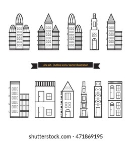 Architecture outline icons, Set of Flat Style Line Art Vector Illustrations for Countryside Houses, Real estate and icons in thin line style, 