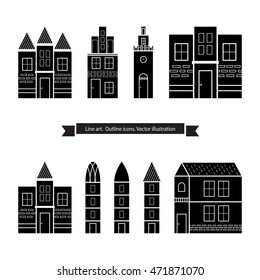 Architecture outline icons, Set of Flat Style Line Art Vector Illustrations for Countryside Houses, Real estate and icons in thin line style, 