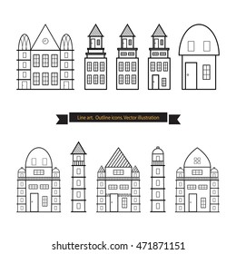 Architecture outline icons, Set of Flat Style Line Art Vector Illustrations for Countryside Houses, Real estate and icons in thin line style, 