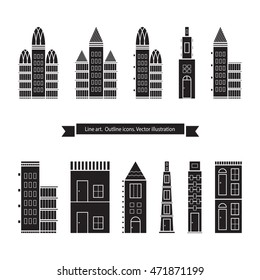 Architecture outline icons, Set of Flat Style Line Art Vector Illustrations for Countryside Houses, Real estate and icons in thin line style, 