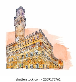 Architecture palazzo vecchio italy watercolor hand drawn illustration