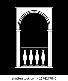 Architecture part, arch with columns. Vector white silhouette illustration. On black background.