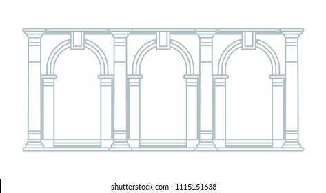 Architecture part of the National Library of St Mark's in Venice. Three arches with columns. Graphic. Vector, isolated.