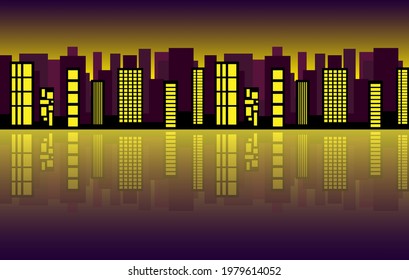 Architecture pattern. Cityscape silhouette reflected in the water. City skyline. VECTOR ILLUSTRATION.
