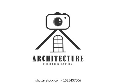 architecture photography logo template with camera and top roof house as symbol