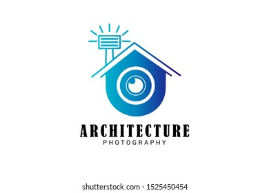architecture photography logo template with camera flash and roof house as symbol