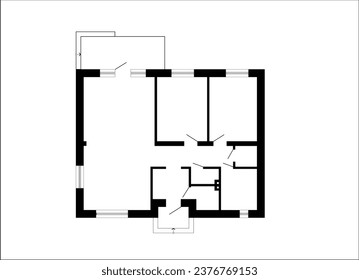 Architekturplan der Wohnung. Schwarz-Weiß-Bauplan eines Hauses. Layout der Wohnungen in der Zeichenansicht. Küche, WC, Wohnzimmer, Schlafzimmer. Haus-Vektordesign. Vektorbild