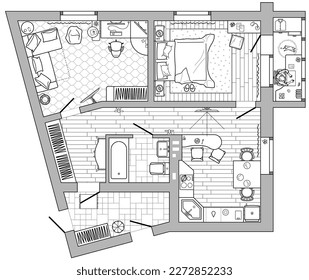 Architecture plan of apartment with furniture arrangement. House floor plan. Kitchen, living room and bathroom in above. Standard home items - thin line icons set. Interior design in top view. Vector 