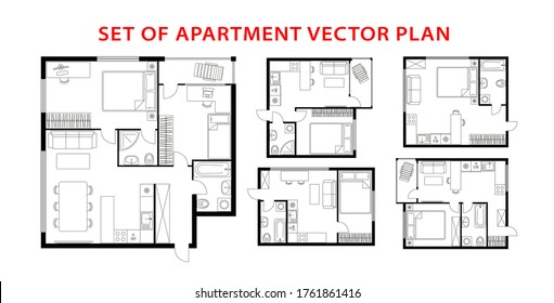 Architecture plan apartment set, studio, condominium, flat, house. One, two bedroom apartment. Interior design elements kitchen, bedroom, bathroom with furniture. Vector architecture plan. Top view. - Shutterstock ID 1761861416