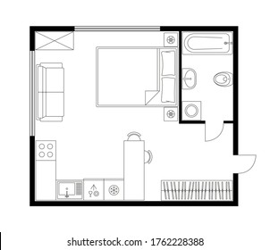 Architecture Plan Apartment Set, Studio, Condominium, Flat, House. One Bedroom Apartment. Interior Design Elements Kitchen, Bedroom, Bathroom With Furniture. Vector Architecture Plan. Top View.