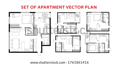 Architecture plan apartment set, studio, condominium, flat, house. One, two bedroom apartment. Interior design elements kitchen, bedroom, bathroom with furniture. Vector architecture plan. Top view.