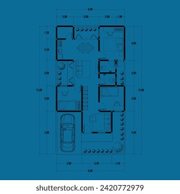 Architecture plan with furniture. home floor plan, isolated on blue background, stock illustration.