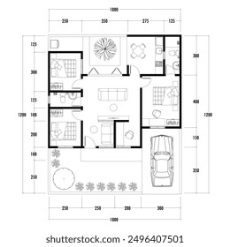 Architecture plan with furniture. home floor plan, isolated on white background, stock illustration.