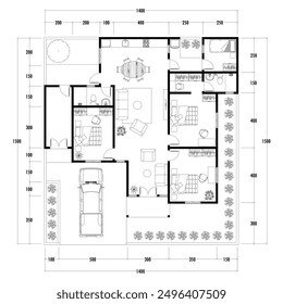 Architecture plan with furniture. home floor plan, isolated on white background, stock illustration.