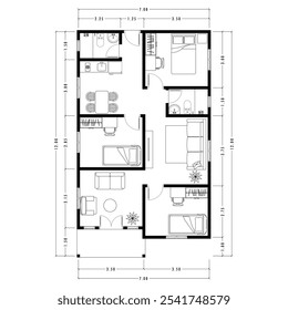 Plano de arquitetura com móveis. plano de chão de casa, isolado no fundo branco, ilustração de estoque. Eps vetorial