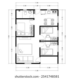 Plano de arquitetura com móveis. plano de chão de casa, isolado no fundo branco, ilustração de estoque. Eps vetorial