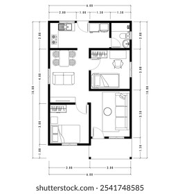 Plano de arquitetura com móveis. plano de chão de casa, isolado no fundo branco, ilustração de estoque. Eps vetorial