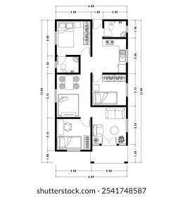 Plano de arquitetura com móveis. plano de chão de casa, isolado no fundo branco, ilustração de estoque. Eps vetorial