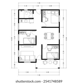 Plano de arquitetura com móveis. plano de chão de casa, isolado no fundo branco, ilustração de estoque. Eps vetorial