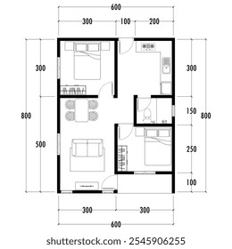 Plano de arquitetura com móveis. plano de chão de casa, isolado no fundo branco, ilustração de estoque. Eps vetorial