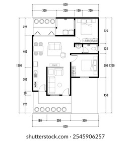 Plano de arquitetura com móveis. plano de chão de casa, isolado no fundo branco, ilustração de estoque. Eps vetorial