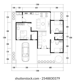 Plano de arquitetura com móveis. plano de chão de casa, isolado no fundo branco, ilustração de estoque. Eps vetorial