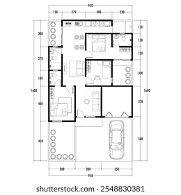 Plano de arquitetura com móveis. plano de chão de casa, isolado no fundo branco, ilustração de estoque. Eps vetorial