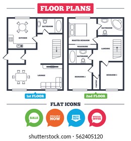 Architecture plan with furniture. House floor plan. Sale icons. Special offer speech bubbles symbols. Buy now arrow shopping signs. Available now. Kitchen, lounge and bathroom. Vector