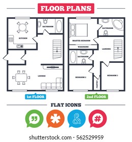 Architecture plan with furniture. House floor plan. Quote, asterisk footnote icons. Hashtag social media and ampersand symbols. Programming logical operator AND sign. Speech bubble. Vector