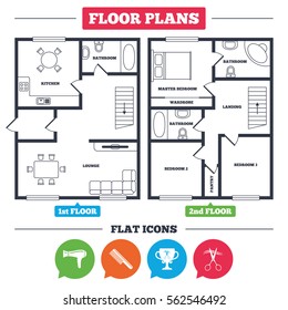 Architecture plan with furniture. House floor plan. Hairdresser icons. Scissors cut hair symbol. Comb hair with hairdryer symbol. Barbershop winner award cup. Kitchen, lounge and bathroom. Vector