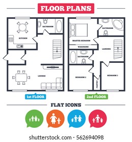 Architecture plan with furniture. House floor plan. Family with two children icon. Parents and kids symbols. One-parent family signs. Mother and father divorce. Kitchen, lounge and bathroom. Vector