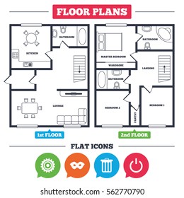 Architecture plan with furniture. House floor plan. Anonymous mask and cogwheel gear icons. Recycle bin delete and power sign symbols. Kitchen, lounge and bathroom. Vector