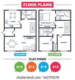 Architecture plan with furniture. House floor plan. Special offer icons. Take two pay for one sign symbols. Profit at saving. Kitchen, lounge and bathroom. Vector