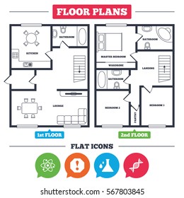 Architecture plan with furniture. House floor plan. Attention and DNA icons. Chemistry flask sign. Atom symbol. Kitchen, lounge and bathroom. Vector