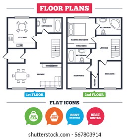 Architecture plan with furniture. House floor plan. Best mom and dad, brother and sister icons. Weight and cupcake signs. Award symbols. Kitchen, lounge and bathroom. Vector