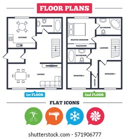 Architecture plan with furniture. House floor plan. Hotel services icons. Air conditioning, Hairdryer and Ventilation in room signs. Climate control. Hairdresser or barbershop symbol. Vector