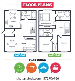 Architecture plan with furniture. House floor plan. Hotel services icons. Wi-fi, Hairdryer in room signs. Wireless Network. Hairdresser or barbershop symbol. Reception registration table. Vector