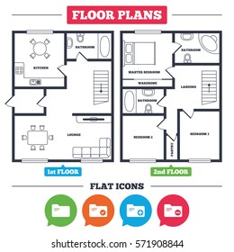 Architecture plan with furniture. House floor plan. Accounting binders icons. Add or remove document folder symbol. Bookkeeping management with checkbox. Kitchen, lounge and bathroom. Vector