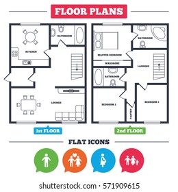 Architecture plan with furniture. House floor plan. Family lifetime icons. Couple love, pregnancy and birth of a child symbols. Human male person sign. Kitchen, lounge and bathroom. Vector