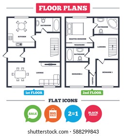 Architecture plan with furniture. House floor plan. Sale speech bubble icons. Two equals one. Black friday sign. Big sale shopping bag symbol. Kitchen, lounge and bathroom. Vector