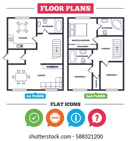 Architecture plan with furniture. House floor plan. Information icons. Stop prohibition and question FAQ mark speech bubble signs. Approved check mark symbol. Kitchen, lounge and bathroom. Vector